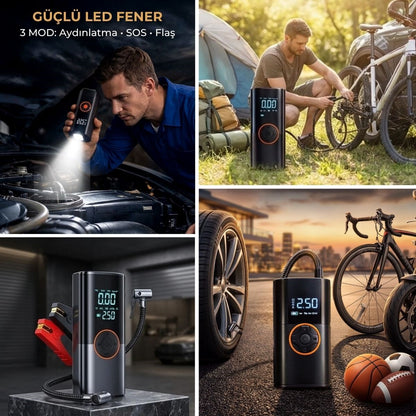 BUFFER® Akü Takviye Cihazı ve Lastik Şişirme Pompası 16000mAh – Powerbank Özellikli, Dijital Ekranlı SOS Fenerli Taşınabilir Kompresör