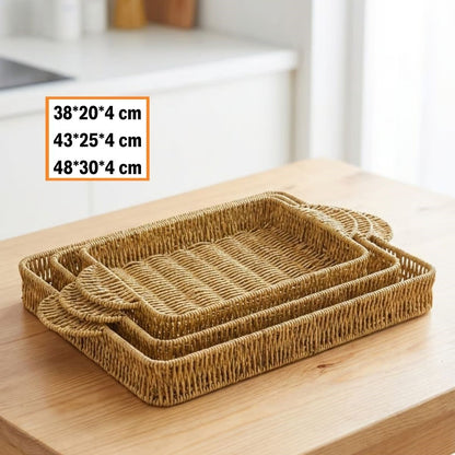 BUFFER® İç İçe Geçebilen 3’lü Dikdörtgen Plastik Rattan Tepsi Seti–Hasır Görünümlü Çok Amaçlı Servis ve Sunum Tepsileri