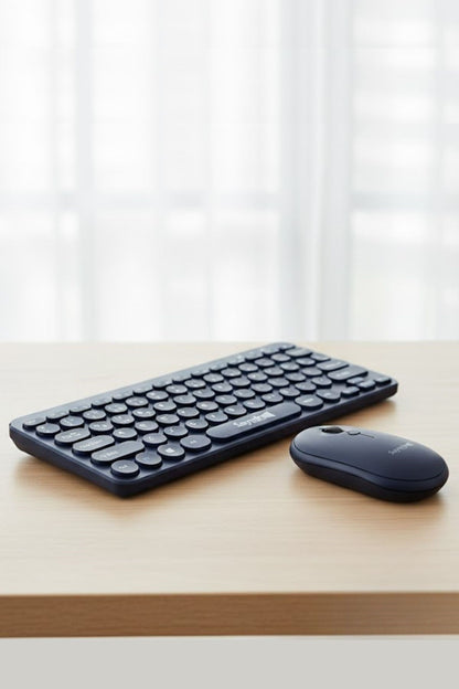 Kablosuz Lacivert Bluetooth Klavye Mouse Seti – Yuvarlak Tuşlu Tasarım, Türkçe Q Dizilim, Taşınabilir, Ev ve Ofis Kullanımına Uygun