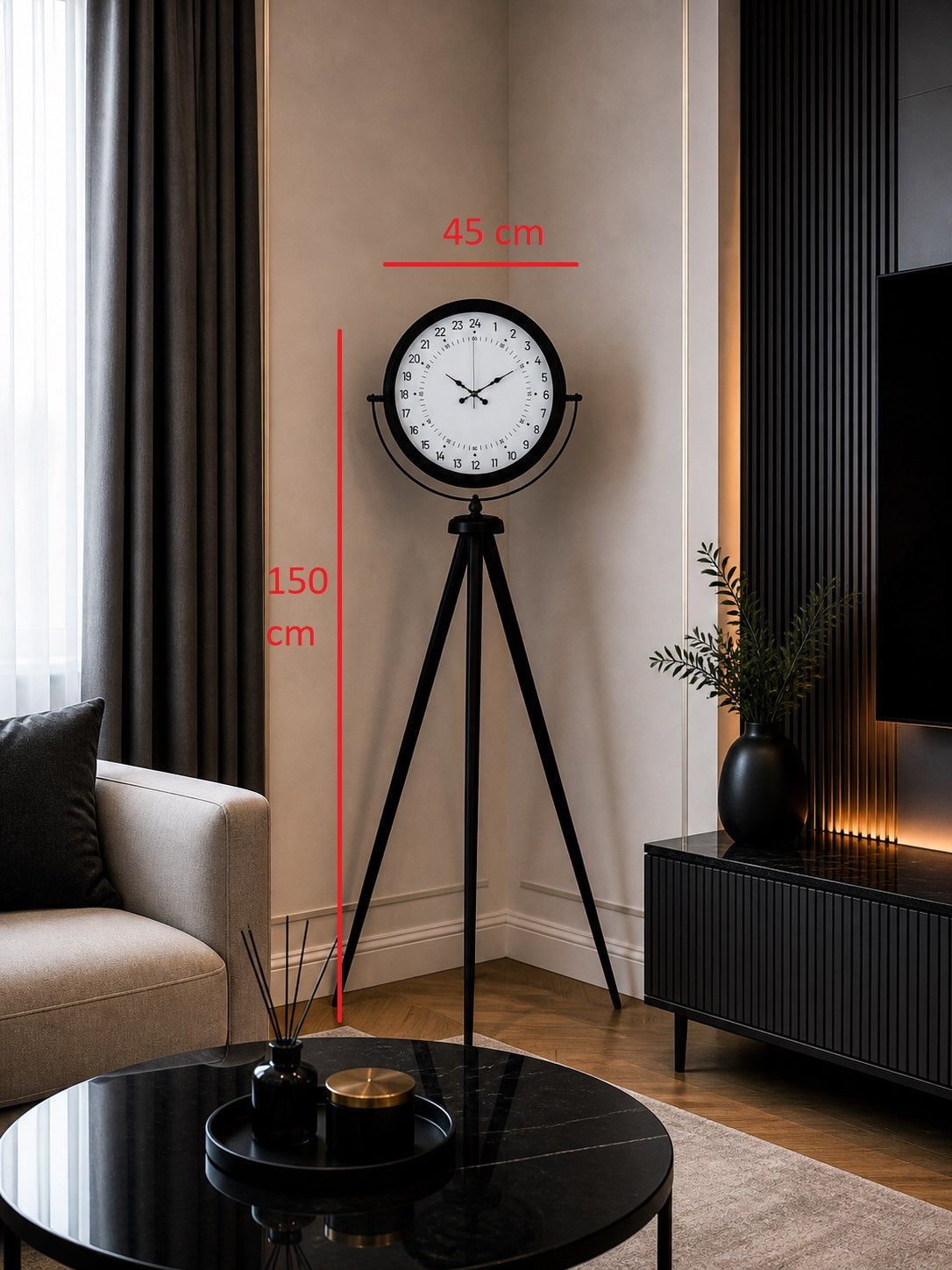 Siyah 24 Saat Göstergeli Özel Tasarım Tripod Ayaklı Saat