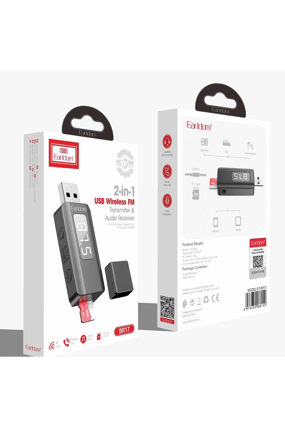 Earldom BR17 BT 5.3 SD Kart ve Aux Çıkışlı Arama Destekli Dijital Ekranlı 2in1 USB FM Transmitter - Siyah