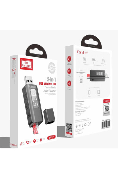 Earldom BR17 BT 5.3 SD Kart ve Aux Çıkışlı Arama Destekli Dijital Ekranlı 2in1 USB FM Transmitter - Siyah