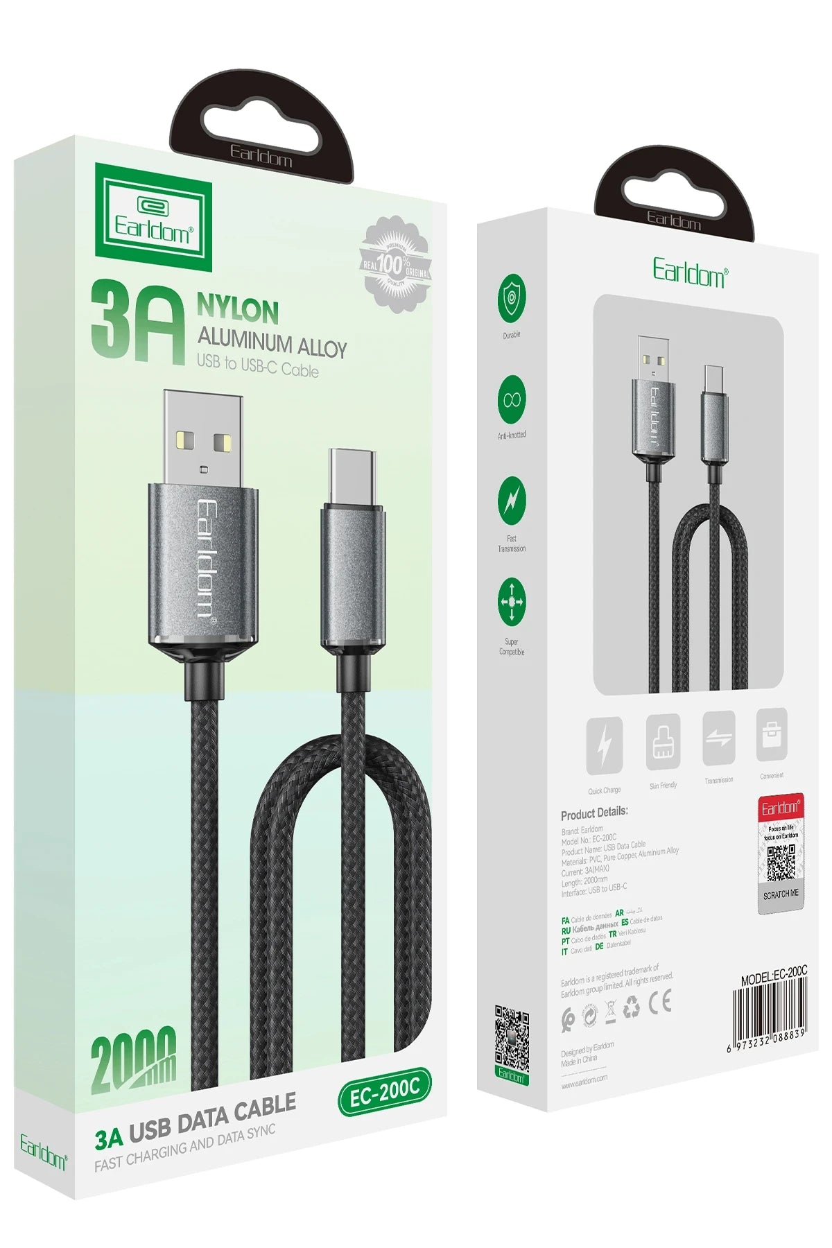 Earldom EC-200C 2M 3A USB to Type-C Hızlı Şarj Kablosu - Siyah