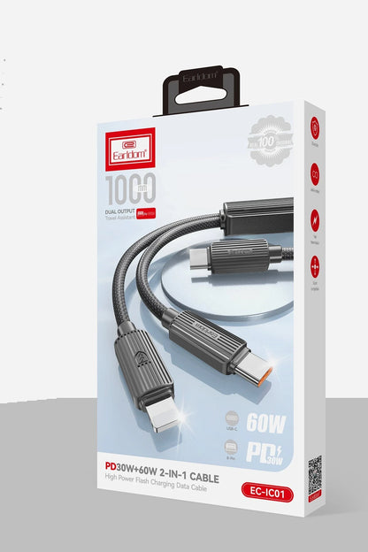 Earldom EC-IC01 1.2M Type-C to Type-C 60W ve Lightning 30W Çift Çıkışlı 2in1 PD Hızlı Şarj Kablosu - Siyah