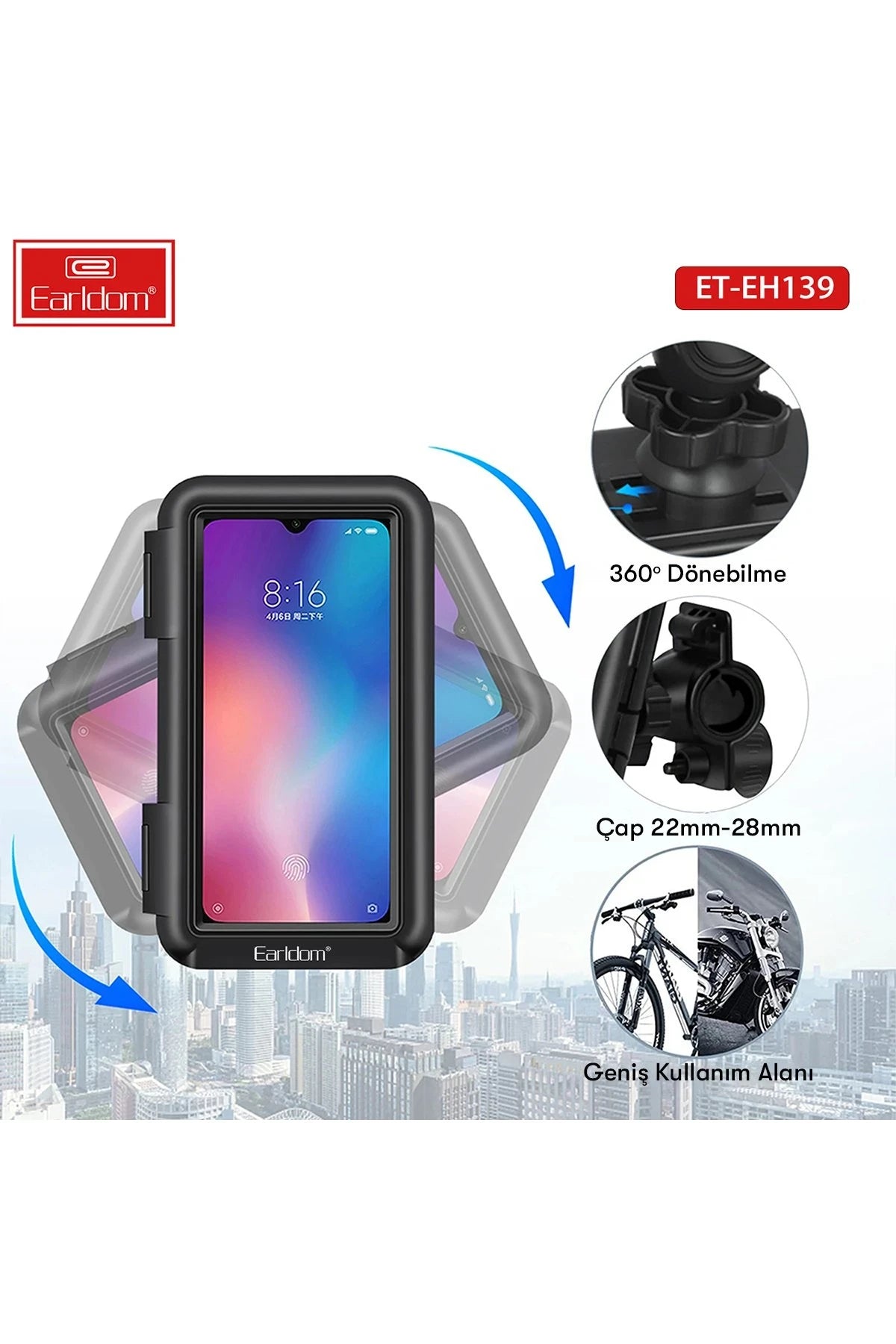 Earldom EH139 Motosiklet İçin Su Geçirmez Ayarlanabilir Telefon Tutucu - Siyah