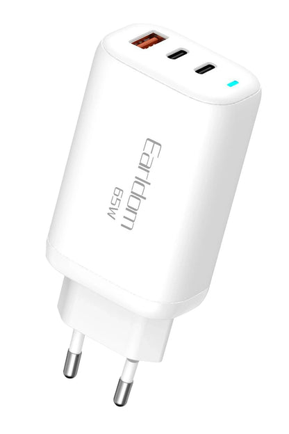 Earldom EU26C 2 Adet 65W Type-C ve 1 Adet 30W USB 3.0 Çıkışlı Ekstra Type-C to Type-C Kablolu GAN Şarj Cihazı - Beyaz