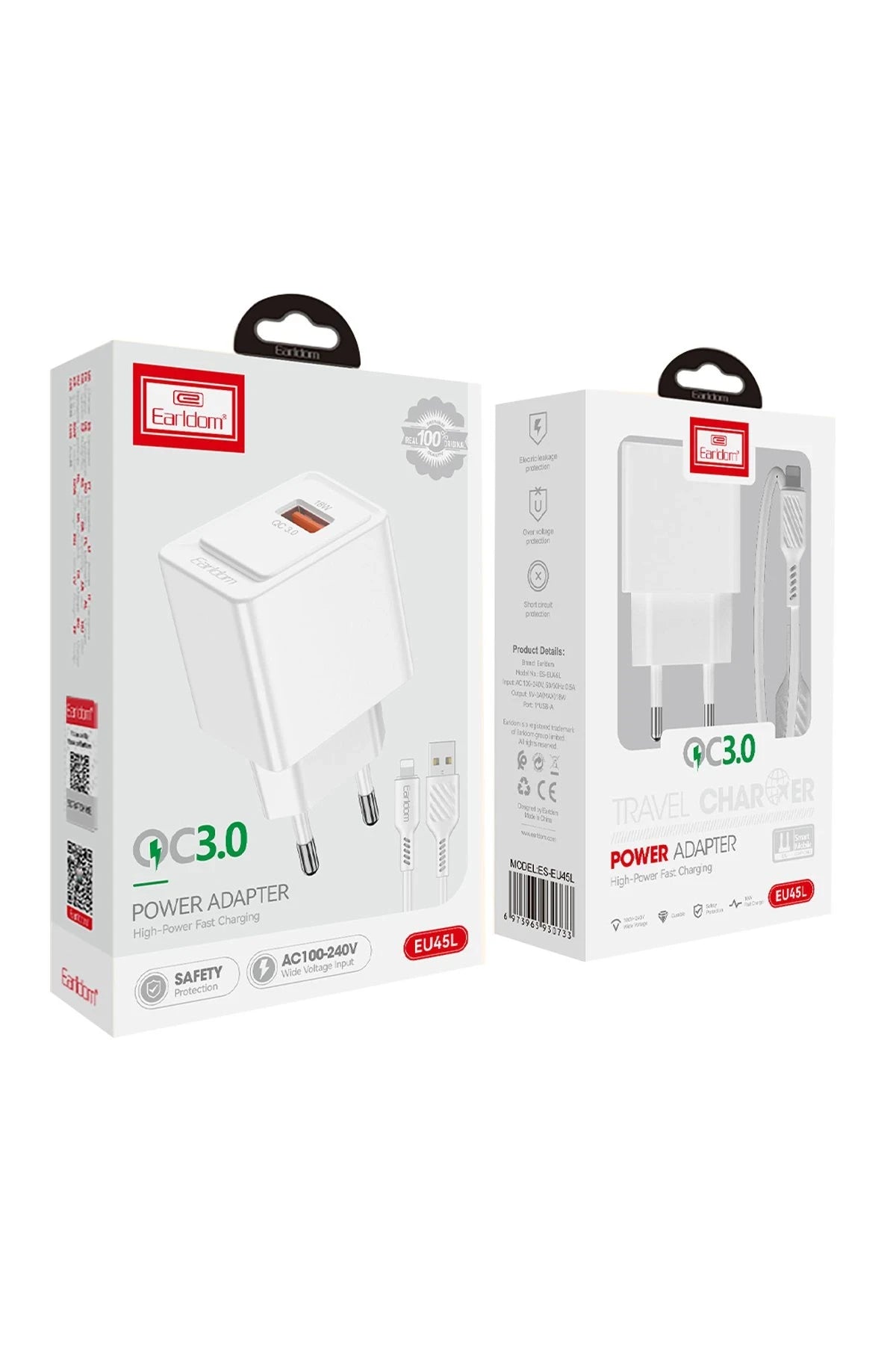Earldom EU45 18W USB QC 3.0 Çıkışlı ve USB to Lightning Kablolu PD Hızlı Şarj Cihazı - Beyaz