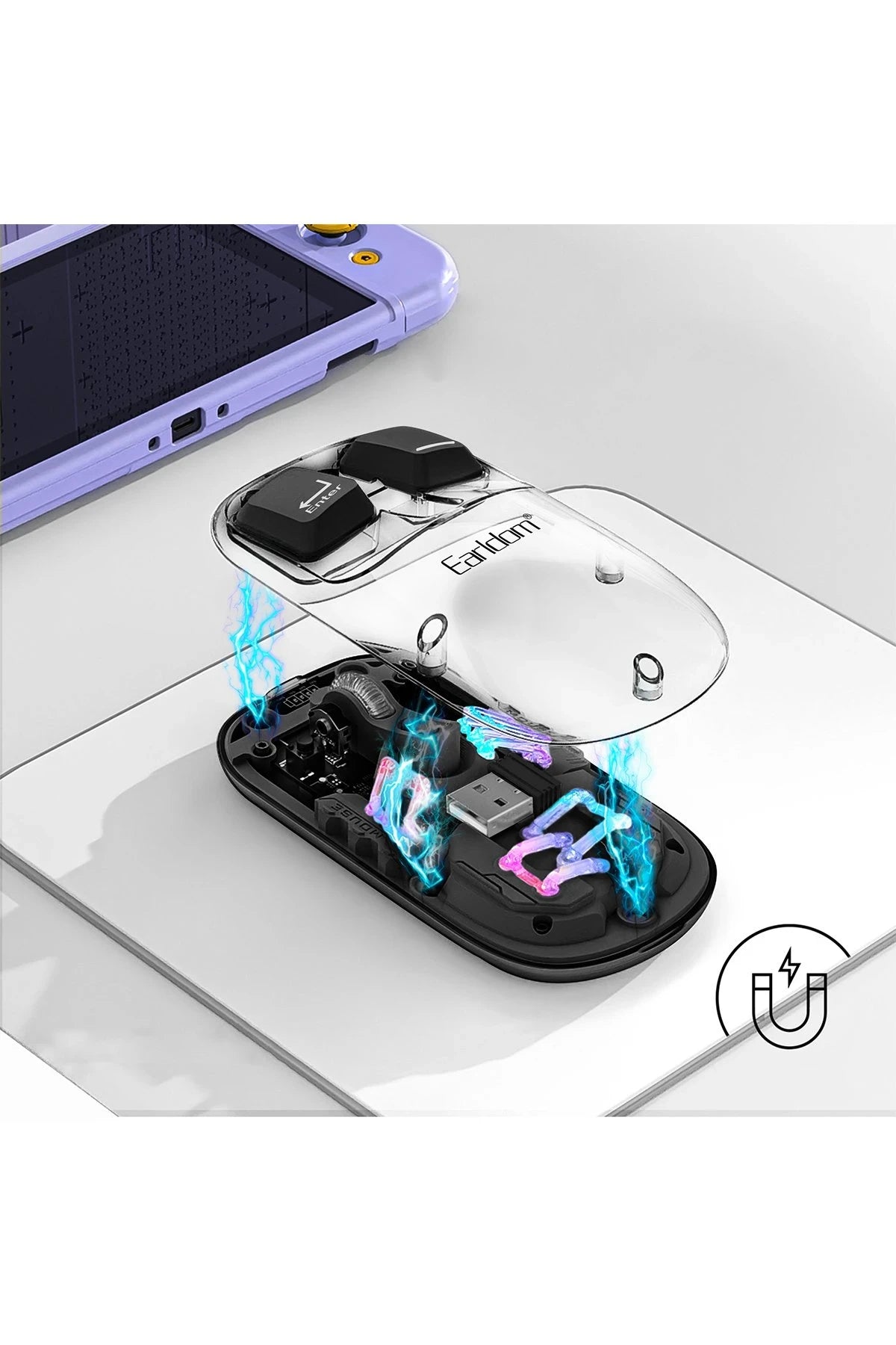 Earldom KM16 1600 DPI Sessiz Transparan Yapılı RGB Kablosuz Ofis Mouse - Siyah