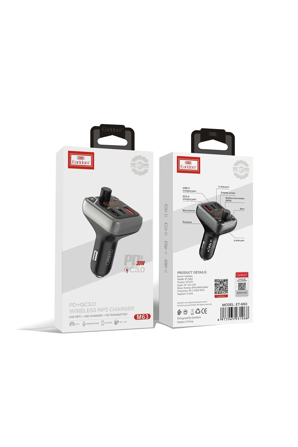 Earldom M63 Bluetooth USB 3.0 ve Type-C PD Hızlı Şarj FM Transmitter - Siyah