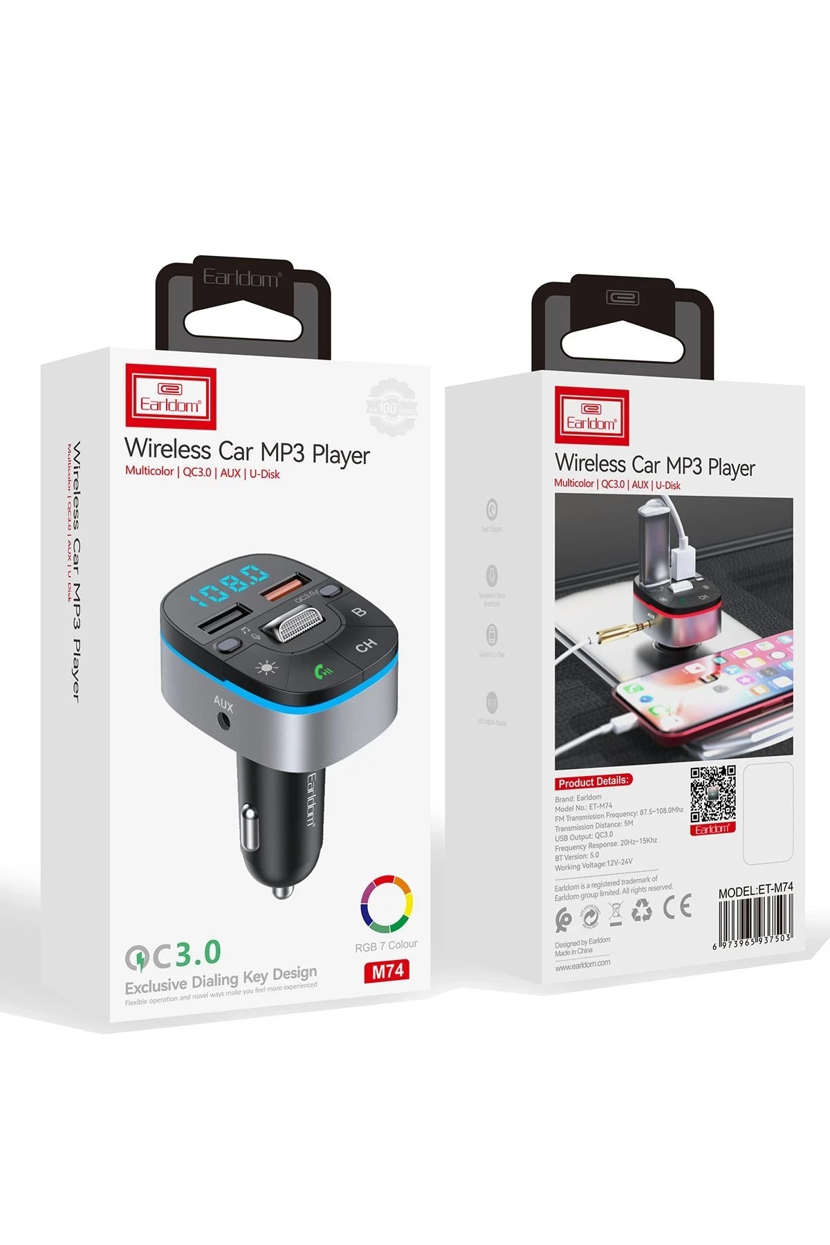 Earldom M74 Bluetooth USB 3.0 Dijital Ekranlı FM Transmitter - Siyah
