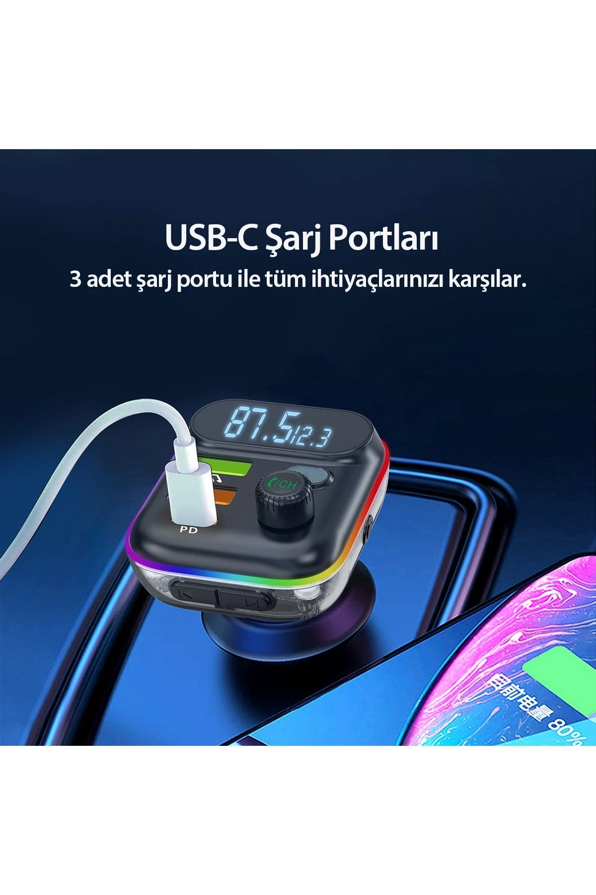 Earldom M80 Bluetooth USB 3.0 ve Type C PD Hızlı Şarj FM Transmitter - Siyah