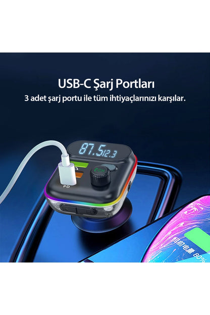 Earldom M80 Bluetooth USB 3.0 ve Type C PD Hızlı Şarj FM Transmitter - Siyah