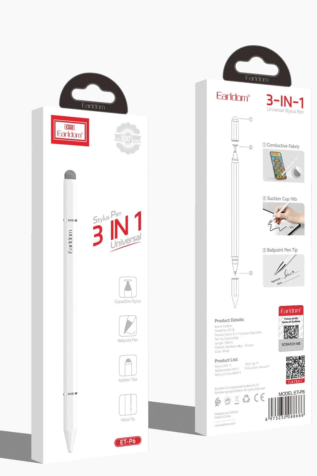 Earldom P6 3in1 Universal Dokunmatik Stylus Kalem - Beyaz