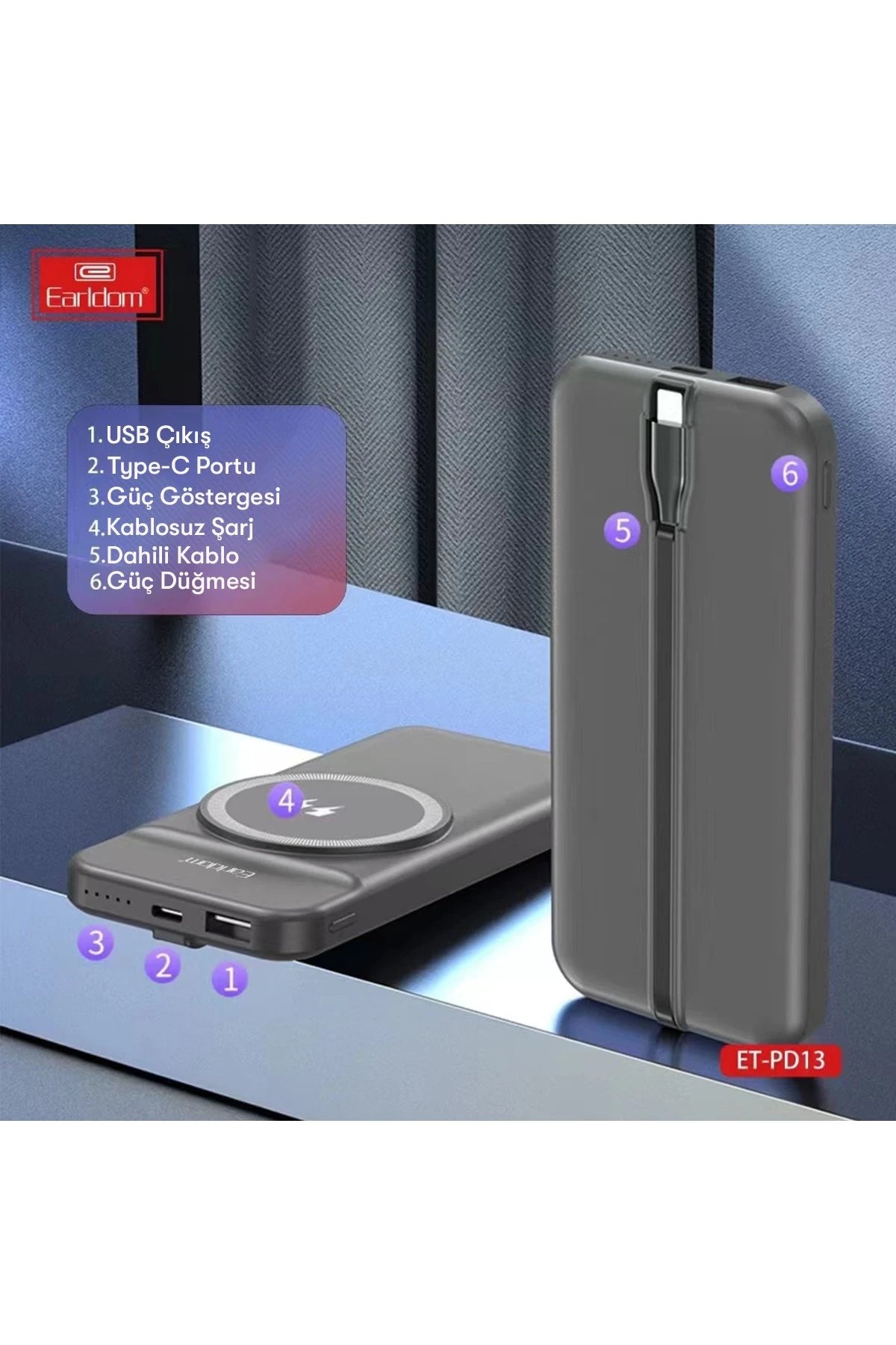 Earldom PD13 10.000 mAh Kablosuz Şarjlı PD Hızlı Şarj Powerbank - Siyah