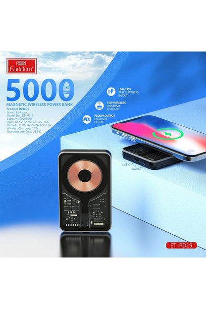 Earldom PD19 5.000 mAh Kablosuz Şarjlı Standlı PD Hızlı Şarj Powerbank - Siyah