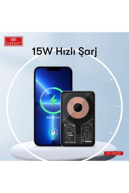 Earldom PD19 5.000 mAh Kablosuz Şarjlı Standlı PD Hızlı Şarj Powerbank - Siyah