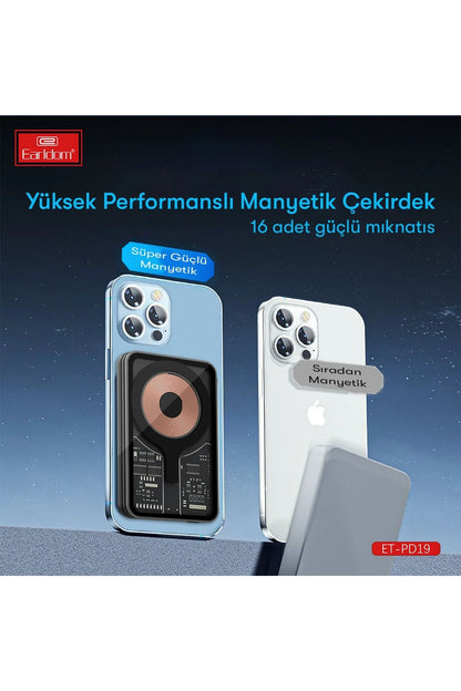 Earldom PD19 5.000 mAh Kablosuz Şarjlı Standlı PD Hızlı Şarj Powerbank - Siyah