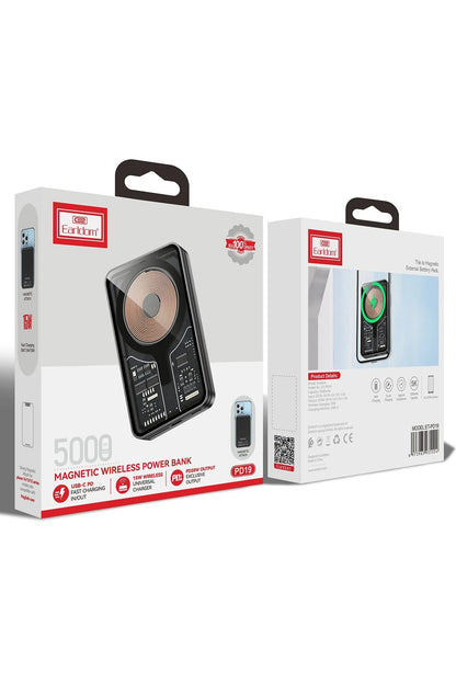 Earldom PD19 5.000 mAh Kablosuz Şarjlı Standlı PD Hızlı Şarj Powerbank - Siyah