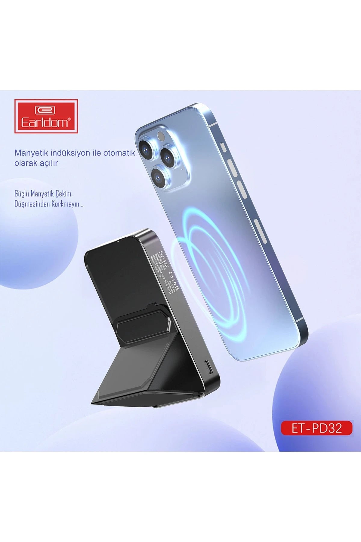 Earldom PD32 5.000 mAh 22.5W Kablosuz Şarjlı Standlı PD Hızlı Şarj Powerbank - Siyah