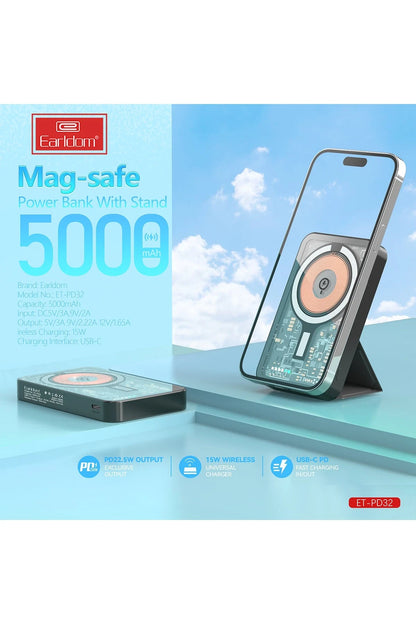 Earldom PD32 5.000 mAh 22.5W Kablosuz Şarjlı Standlı PD Hızlı Şarj Powerbank - Siyah
