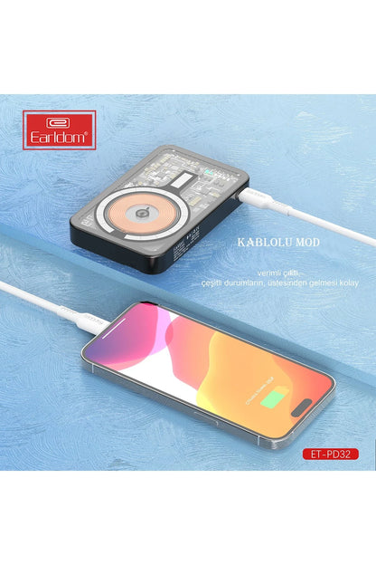 Earldom PD32 5.000 mAh 22.5W Kablosuz Şarjlı Standlı PD Hızlı Şarj Powerbank - Siyah