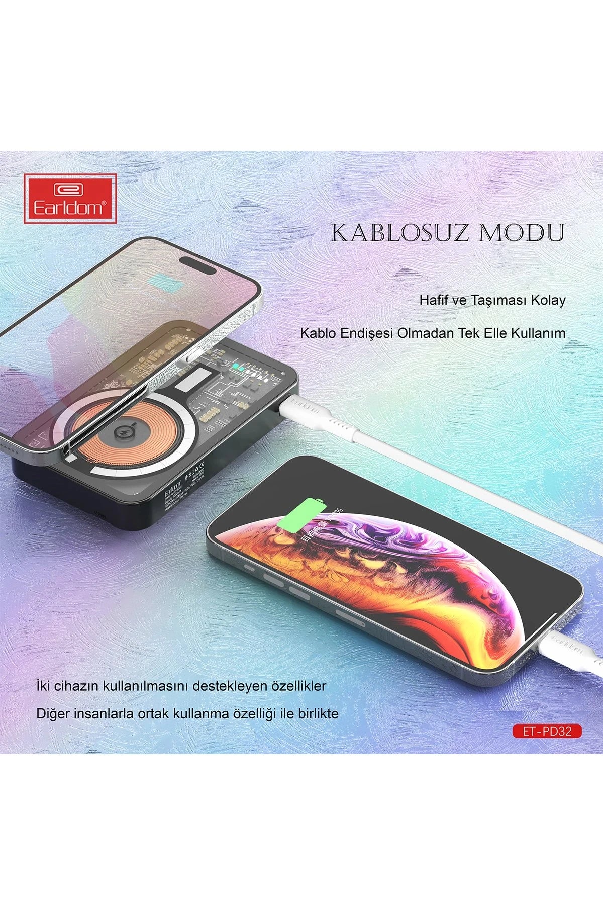 Earldom PD32 5.000 mAh 22.5W Kablosuz Şarjlı Standlı PD Hızlı Şarj Powerbank - Siyah