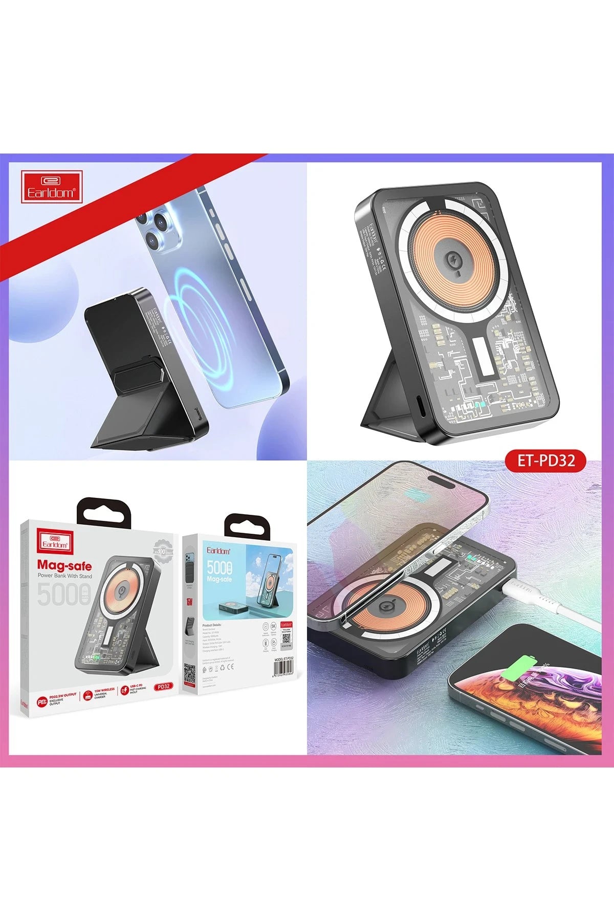 Earldom PD32 5.000 mAh 22.5W Kablosuz Şarjlı Standlı PD Hızlı Şarj Powerbank - Siyah