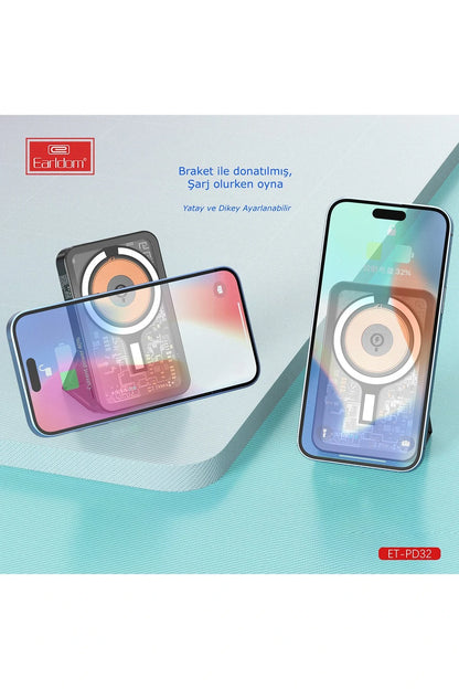 Earldom PD32 5.000 mAh 22.5W Kablosuz Şarjlı Standlı PD Hızlı Şarj Powerbank - Siyah