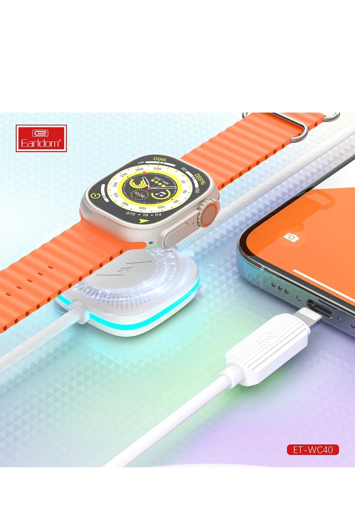 Earldom WC40 1.2M 12W Usb to Lightning ve 2.5W Kablosuz Saat Şarj Çıkışlı 2in1 Hızlı Şarj Kablosu - Beyaz