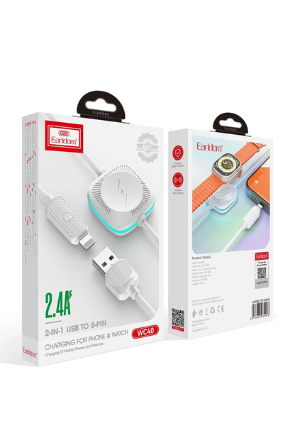 Earldom WC40 1.2M 12W Usb to Lightning ve 2.5W Kablosuz Saat Şarj Çıkışlı 2in1 Hızlı Şarj Kablosu - Beyaz
