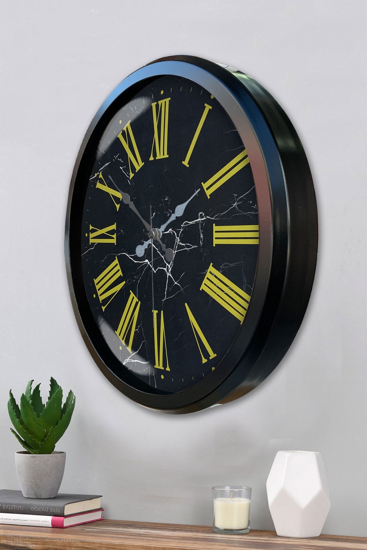 Siyah Mermer Desenli 52 Cm Metal Duvar Saati