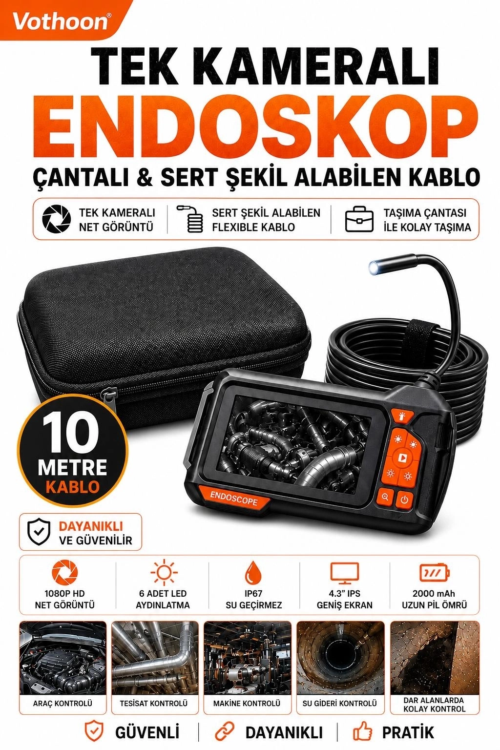 Ekranlı Tek Kameralı 10 Mt Sert Kablo Yılan Endoskop Kamera 8 Mm 4.3 Inc