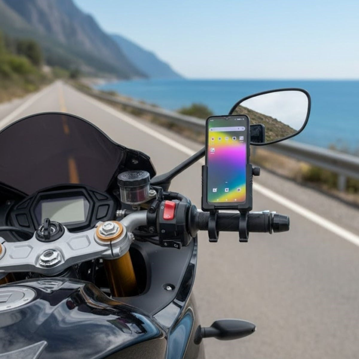 Evrensel Motosiklet Telefon Tutucu – Kaymaz, Kilitlenebilir Güvenli Tutuşlu, 360° Ayarlanabilir Gidon Bağlantılı Akıllı Telefon Aparatı (5643)