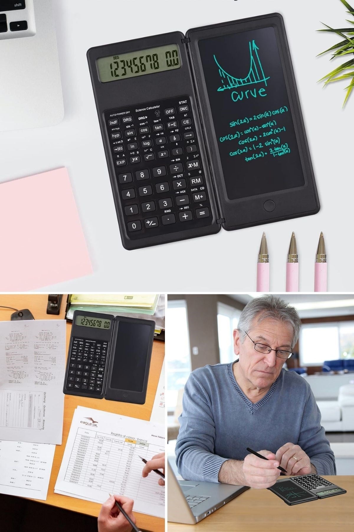 BUFFER® Silinebilir LCD Yazı Tabletli,Kalemli Katlanabilir Bilimsel Hesap Makinesi