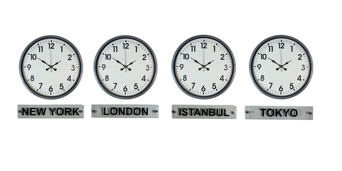 Gri Modern Seri 4’lü 36 Cm Tabelalı Dünya Saatleri