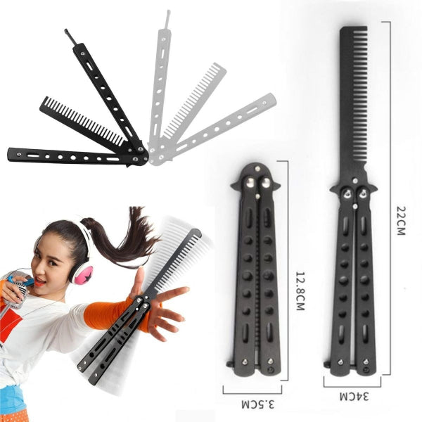 Siyah Katlanabilir Paslanmaz Çelik Kelebek Bıçak Tasarımlı Tarak