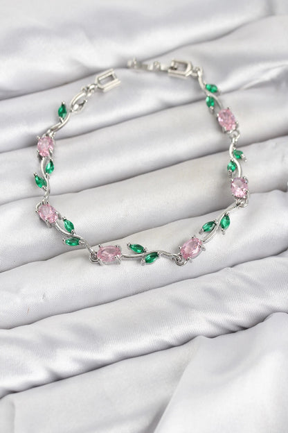 Pirinç Gümüş Renk Pembe Zirkon Taşlı Çiçek Model Kadın Bileklik