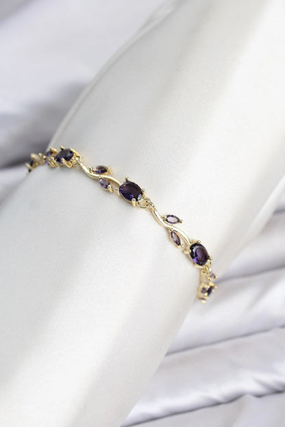 Pirinç Gold Renk Mor Zirkon Taşlı Çiçek Model Kadın Bileklik