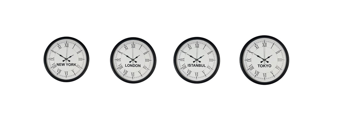 36 cm 4’lü Dünya Saatleri Siyah Roma Rakamlı