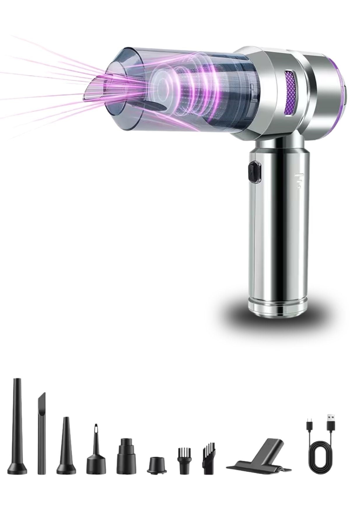 BUFFER® 9 Farklı Uçlu Kablosuz Şarjlı Araç İçi Süpürge – Wireless Destekli, Güçlü Emiş, Taşınabilir Pratik Araç Temizleyici