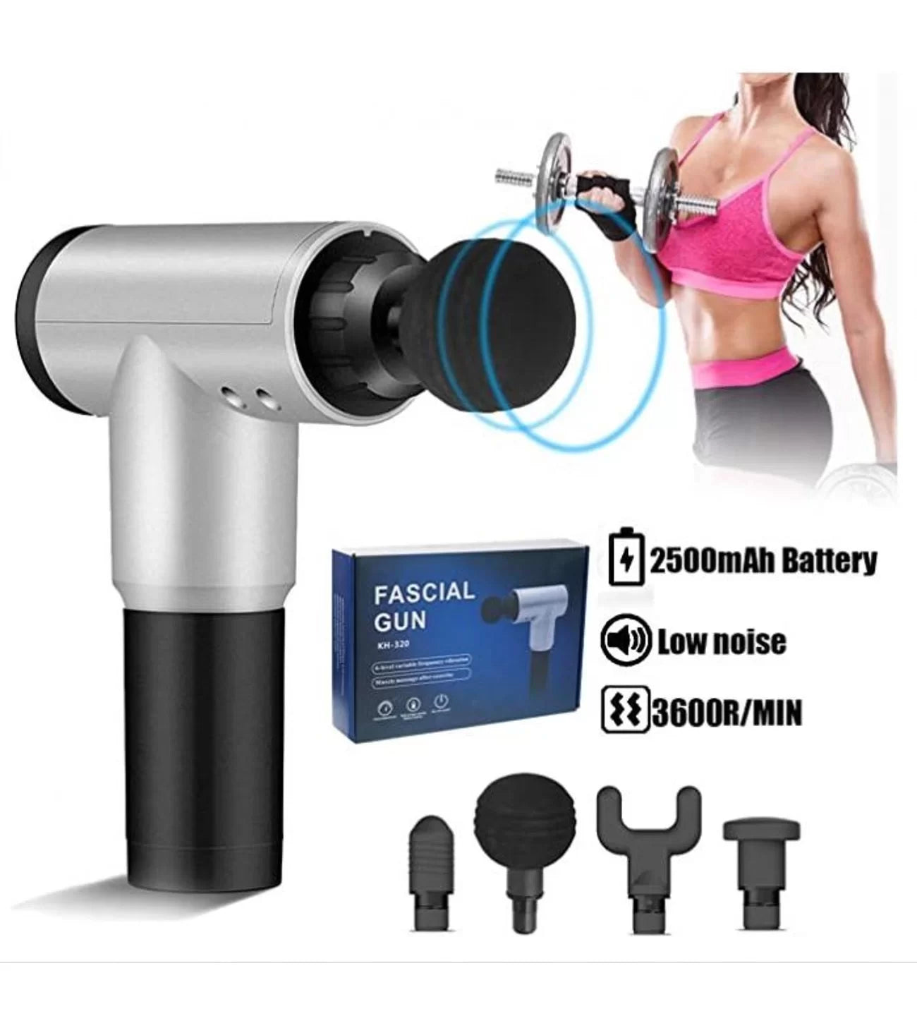 Fascial Gun RH-320 6 Kademe Hız Ayarlı, 4 Parça Başlıklı, Usb Şarjlı, Masaj Tabanca Aleti (5643)