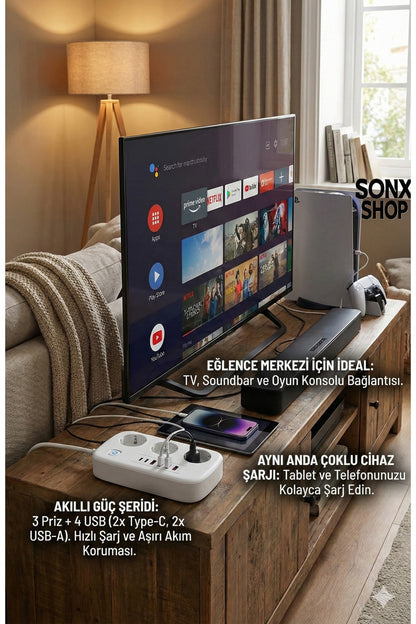 2500W Çoklu Priz 2 METRE – 3’lü AC Priz +5 USB Çıkışı AKIM KORUMALI Alev Almayan Gövde,