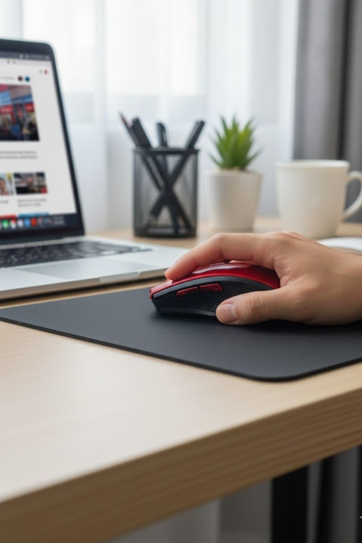 BUFFER® Kırmızı Renkli Baş Parmak Destekli Ergonomik Sessiz Kablosuz Mouse – USB Alıcılı, Ofis ve Oyun İçin Konforlu Bilgisayar Faresi MS6300