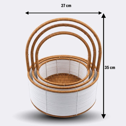 BUFFER® 3 Boy İç İçe Geçebilen Plastik Rattan Sepetler–Beyaz Renkli,Kahverengi Saplı, Çok Amaçlı Düzenleyici ve Sunum Sepeti Seti