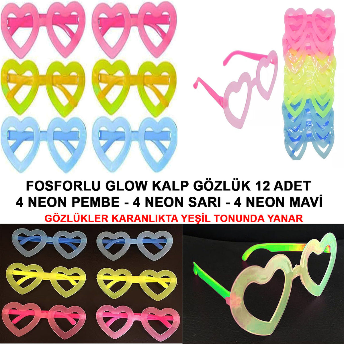 Fosforlu Kalp Model Glow Parti Gözlüğü Karanlıkta Yanan Gözlükler 12 Adet (5643)