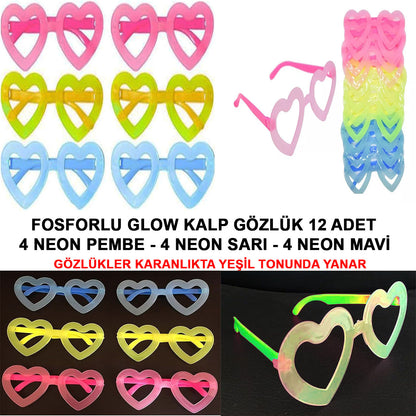 Fosforlu Kalp Model Glow Parti Gözlüğü Karanlıkta Yanan Gözlükler 12 Adet (5643)