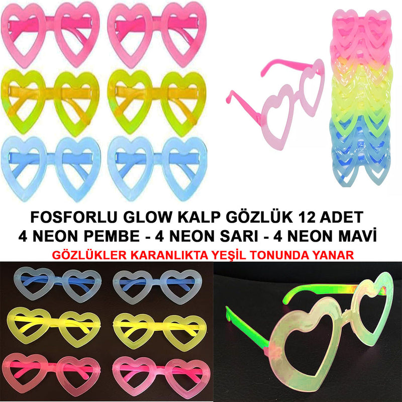 Fosforlu Kalp Model Glow Parti Gözlüğü Karanlıkta Yanan Gözlükler 12 Adet (5643)