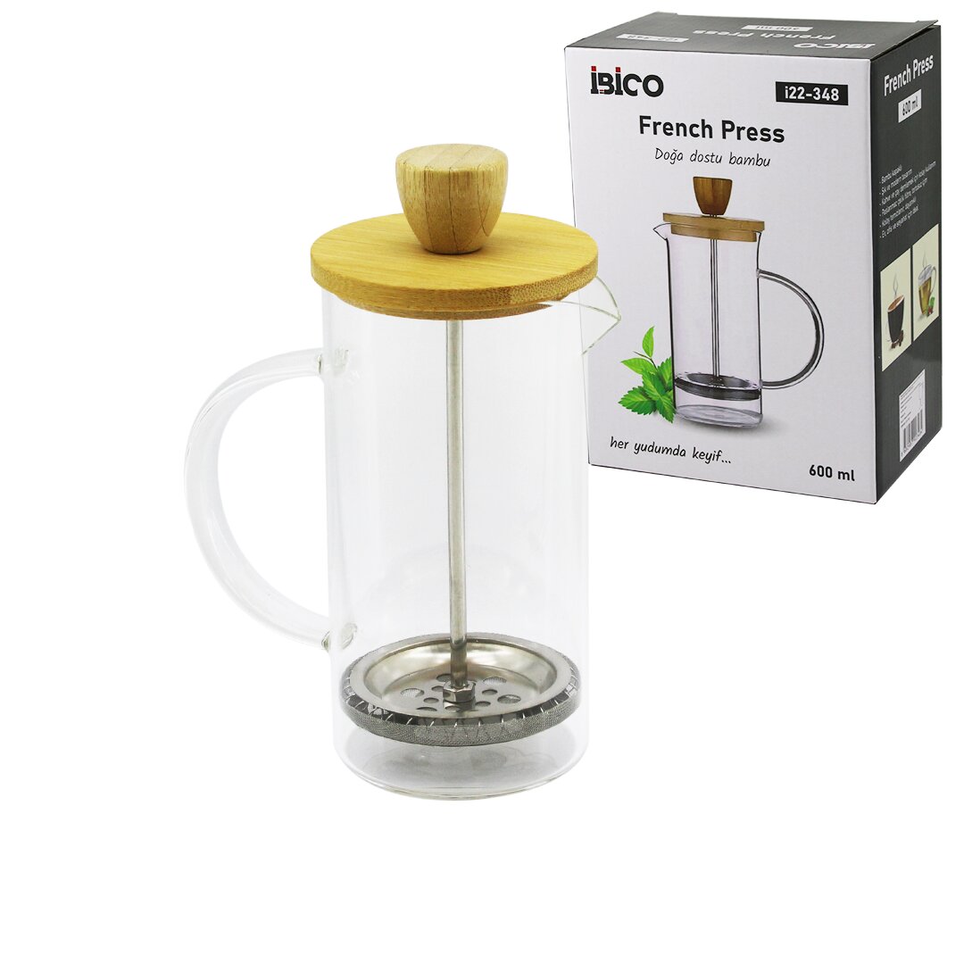 FRENCH PRESS BAMBU KAPAK 600ML CAM BİTKİ SÜZGEÇİ (5643)