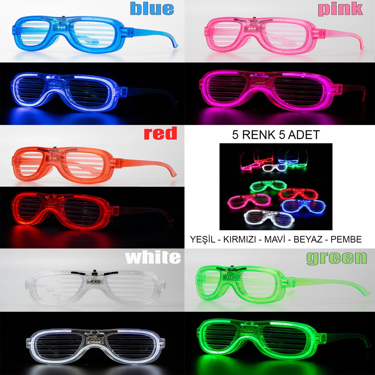 Glow Model Led Işıklı Parti Gözlüğü 3 Modlu 5 Renk 5 Adet (5643)