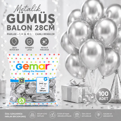 GM-110-38 METALİK - GÜMÜŞ BALON 11'' - 28CM - 100 PARÇA (5643)